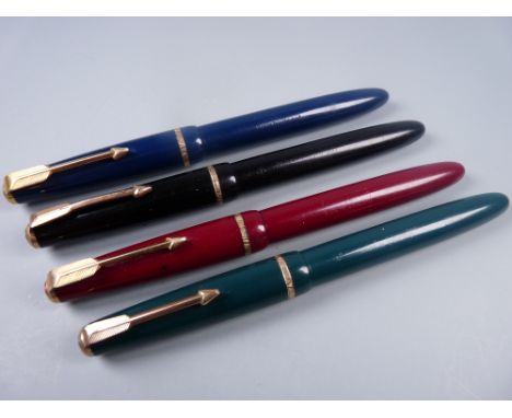 Four vintage Parker Slimfold fountain pens, each with an original 14ct gold nib and gold plated trim (black, blue, green, red