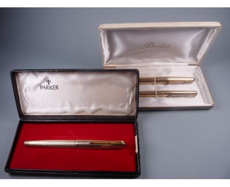 Vintage 12ct rolled gold Parker 65 Custom Insignia fountain pen and pencil set, in original presentation case and a Vintage 1
