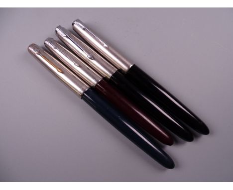 Four Vintage Parker 51 fountain pens (two black - missing jewel on one, one blue, one red)