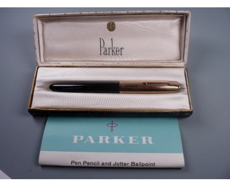 Vintage black Parker 51 fountain pen with Signet rolled gold plated cap and trim, in original box with instructions 