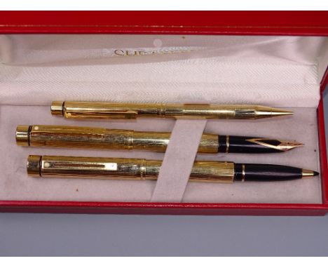 Vintage 23 carat Gold plated Sheaffer Targa fountain pen, roller ball and pencil set with fluted pattern and 23 carat gold el