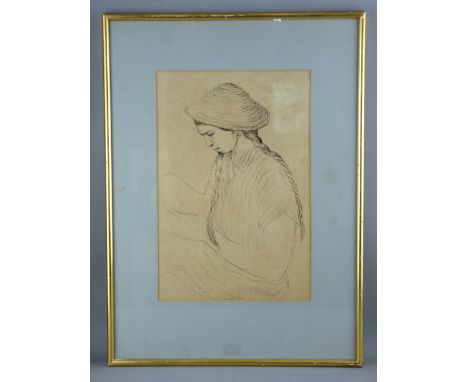 BRENDA CHAMBERLAIN pen and ink - half length portrait of a Burmese girl with plaited hair at work, bearing the original Tegfr