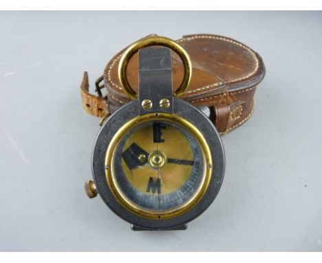 A J HICKS, LONDON POCKET COMPASS, no. 6497, dated 1913 with broad arrow mark, in a leather case stamped 'J B Brookes & Co Ltd