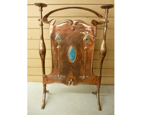 AN ARTS & CRAFTS COPPER FIRESCREEN with Ruskin type pottery decoration within stylized flowers, 78 cms high, 50 cms wide