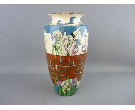 A WILEMAN & CO INTARSIO VASE depicting medieval maidens on an arched bridge with flowers below, 27.5 cms high (some visible h