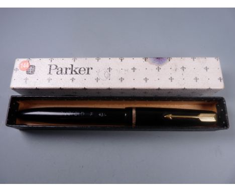 Vintage black Parker Duofold Senior fountain pen with original 14ct gold nib and gold plated trim, inked but chalk marks stil
