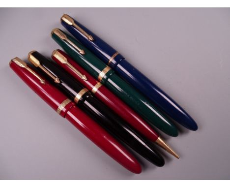 Four Vintage Parker Duofold fountain pens (black, blue, green red), all with 14k nibs and one red Parker Duofold pencil