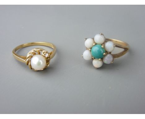 A FOURTEEN CARAT GOLD SINGLE PEARL RING and a nine carat gold opal cluster, size 'P', 2.6 grms and size 'O', 3.3 grms respect