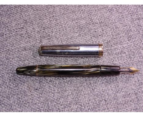 Vintage Montblanc Masterpiece fountain pen  - green striped celluloid barrel with a silver coloured cap. Ring missing between