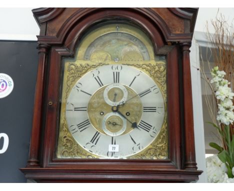 A MAHOGANY LONGCASE CLOCK by Peter Clare, Manchester, 14 ins brass moon phase dial with silvered chapter ring, 227 cms high, 