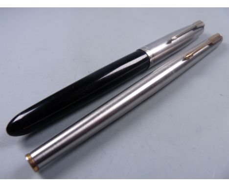 Vintage black Parker 51 fountain pen with steel cap and a Vintage stainless steel Parker 180 Flighter fountain pen with two-s