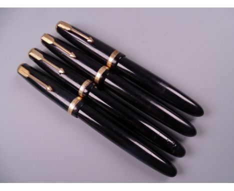 Four Vintage Black Parker Duofold fountain pens, all with 14k nibs
