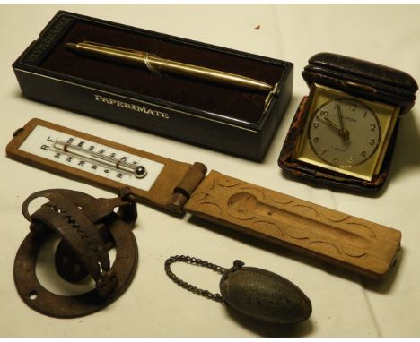 SMALL ANIMAL TRAP, THEROMETER, CLOCK & ORIENTAL POSY HOLDER  