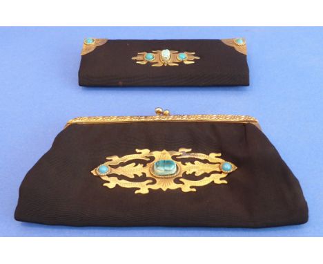 A gilt-mounted Chinese-style folding bag and matching comb case with gilt-set turquoise stones