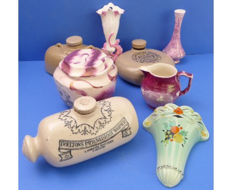 Three stoneware hot-water bottles (including 'Doulton's Improved Footwarmer'), an early 20th century Sunderland lustre-style 