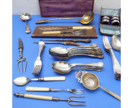 An interesting selection of mostly late 19th century silver-plated flatware and cutlery to include a 6-place set of double-st