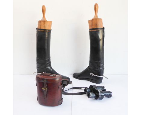 A pair of black leather hunting / riding boots (repaired) with spurs and original wooden trees, together with a pair of brown