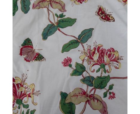 A pair of chintz curtains edged with green braid, pencil pleat heading, thermal and blackout lining under white lining cloth,