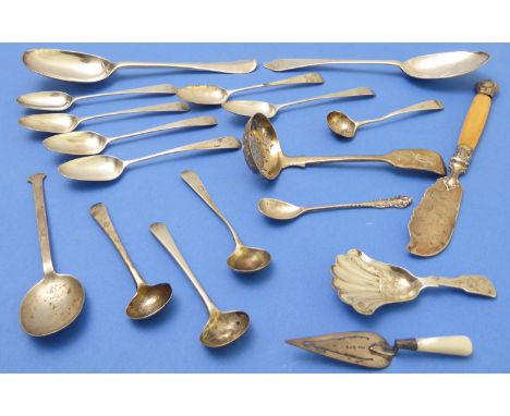 Assorted hallmarked flatware to include various spoons, a sifter spoon, a 19th century caddy spoon with bright-cut engraving 