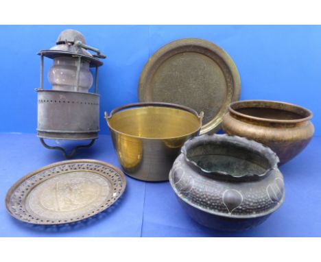 A selection of late 19th / early 20th century metalware to include a heavy hanging lantern (possibly bronze?), various Easter