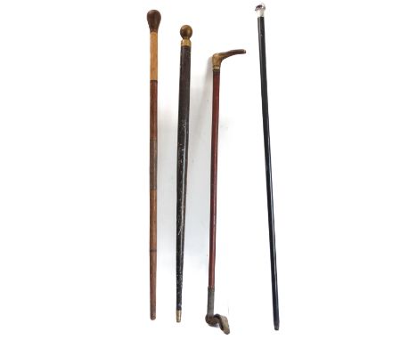 A 19th century horn-handled and leather riding crop, together with a 19th century ebonised walking cane with white-metal hand