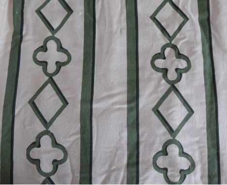 A pair of green and cream curtains edged with olive green tape, triple pinch pleat heading, thermal lining under white lining