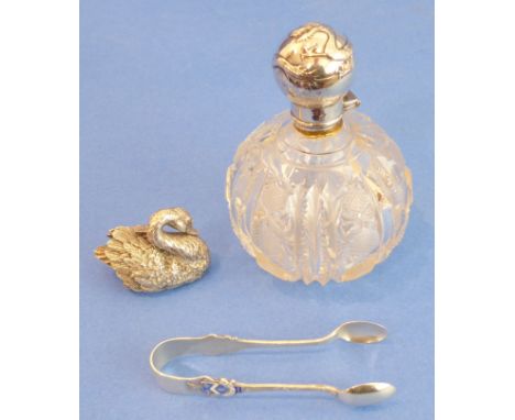 A hallmarked silver swan, a pair of enamel masonic sugar tongs (Birmingham 1927) and a Chinese silver-mounted perfume bottle 