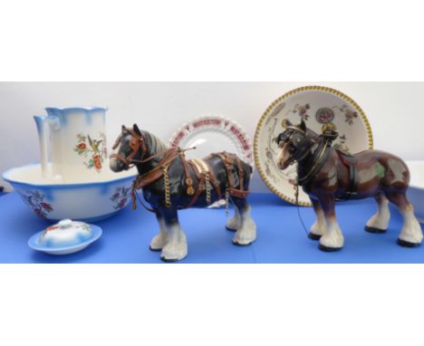 Two Edwardian wash basins, one with matching pitcher, two hand-decorated ceramic models of shire horses and other ceramics (7