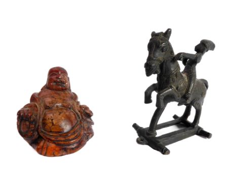 An alabaster seated figure of Buddha, together with an Indian bronze model of a horse and rider (2)
