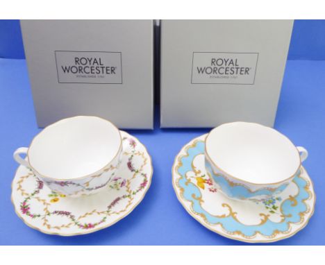 Royal Worcester - two duo cup-and-saucer sets in the 'Foxglove' and 'Primula'&nbsp;patterns (two sets of two, both in their o