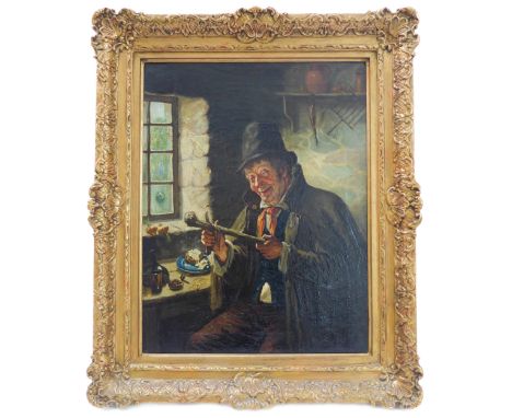 A 19th century oil on canvas study: a smiling gentleman seated in a vernacular country cottage kitchen and whittling a stick,