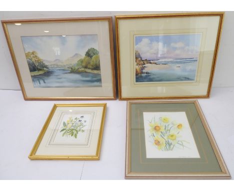 Two landscapes and two botanicals in watercolour: river scene with hills to the background; a coastal scene by KENNETH ROBERT