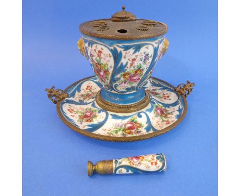 A 19th century desk set of porcelain and gilt metal mounted; comprising circular stand, a gilt metal mounted pen stand and in