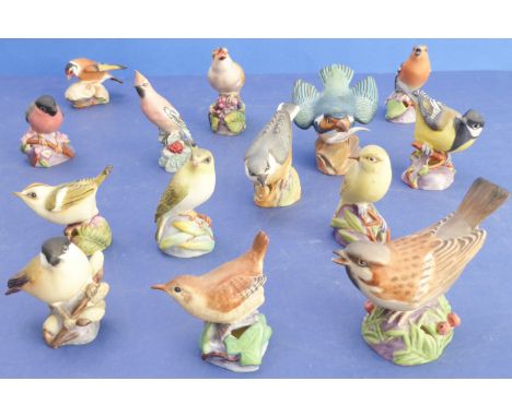 14, mostly Royal Worcester, bone china hand-decorated ornithological models: Goldcrest, Marsh Tit, Kingfisher, Great Tit, Spa