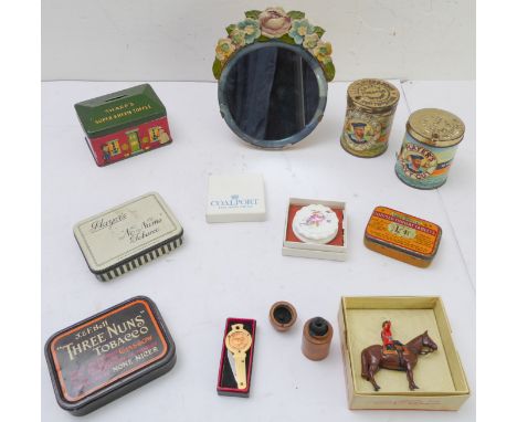 A variety of collectables to include various tobacco tins, a barbola-style mirror, a small boxed Coalport porcelain trinket d