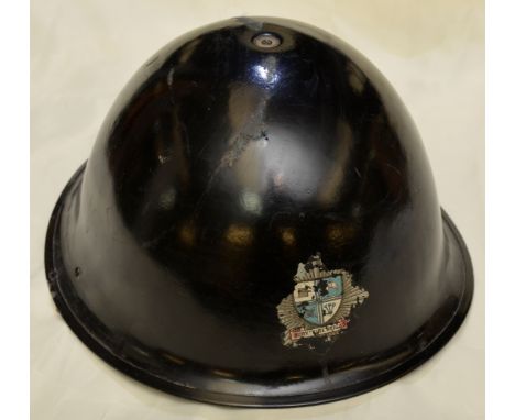 Late war pattern fire helmet painted black with Bury Fire Brigade decal complete with liner and chin strap dated 1952 