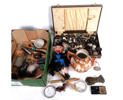 Pelham Puppet, kutani jug, tea bowl, netsukes, camping cutlery set and other interesting items, including a box of buttons