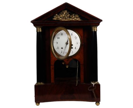 A 19th century mahogany and walnut cased Biedermeier bracket clock with 8-day repeat movement striking on a gong, white ename