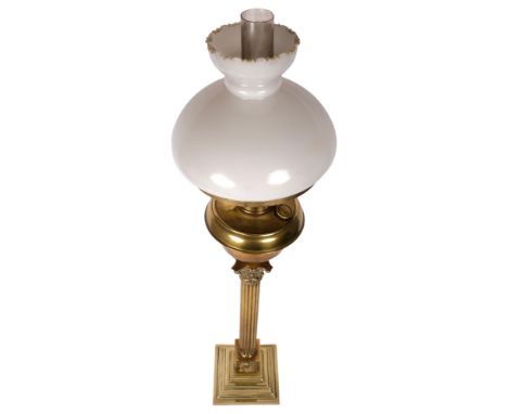 ELTEX - a brass Corinthian column table lamp with milk glass shade, H86cmAll in good condition, a few very small nibbles to t