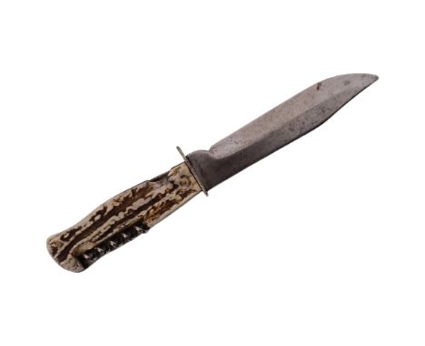 D.B.G.M. GERMANY - a German multi-bladed hunting knife with stage decorated handle, L23cm, no scabbard 