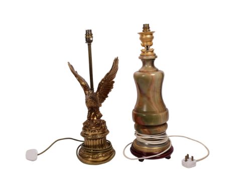 A brass eagle figure table lamp, 52cm, and an Oriental turned onyx table lamp on separate stand 