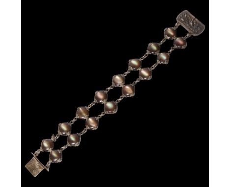WANG HING - a Chinese silver and grey mother-of-pearl double panelled bracelet, with embossed clasp 