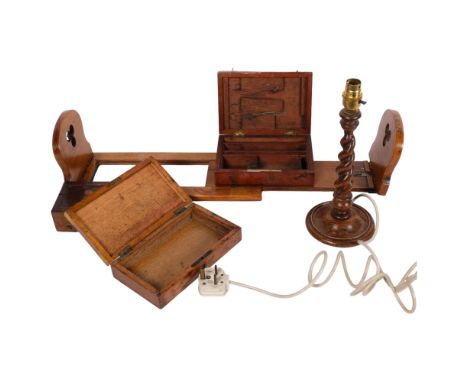 An oak extending bookrack, barley twist lamp, box, a mahogany draughtsman's box, and another