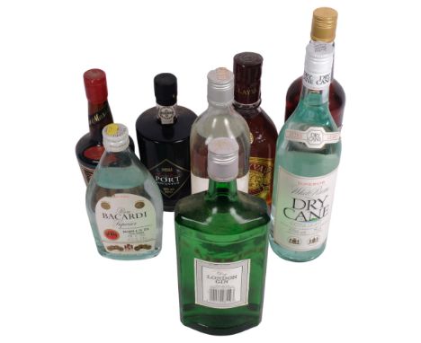 A bottle of White Rum, Port, Glayva Scotch liqueur, Gin etc