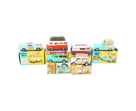CORGI TOYS - a Corgi Commer Holiday Camp Bus, model 508, a Corgi Toys Ford Thames "Air Borne" Caravan, a Corgi Toys model 485