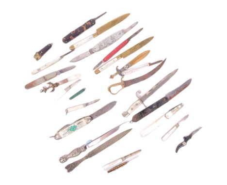 Various penknives, including mother-of-pearl and silver-bladed, sword design letter openers, dirk design letter opener etc 