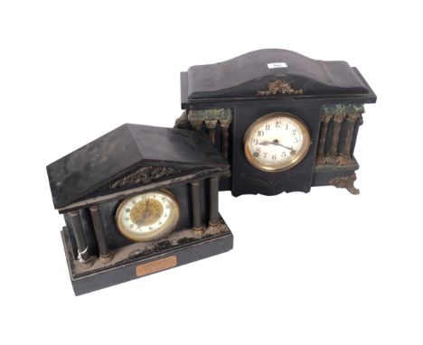 A Victorian stained wood architectural design mantel clock, with brass Corinthian columns and lion mask ring handles, W39cm, 