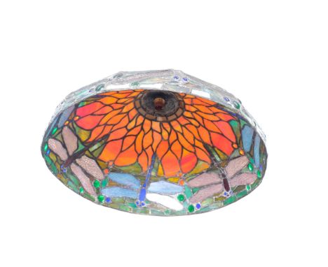 A Tiffany style lead and coloured glass ceiling light shade, with floral and dragonfly decoration. D - 50cm. 