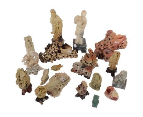 A Chinese carved soapstone figure of a lady, 25.5cm, another on square plinth, and various soapstone vases, seal etc, and a j