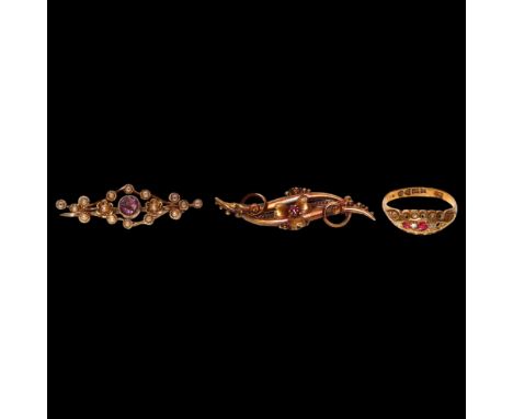 A group of gold jewellery, to include an 18ct diamond and ruby five stone ring (1 ruby missing), 1.9g, and 2 x 15ct gold bar 